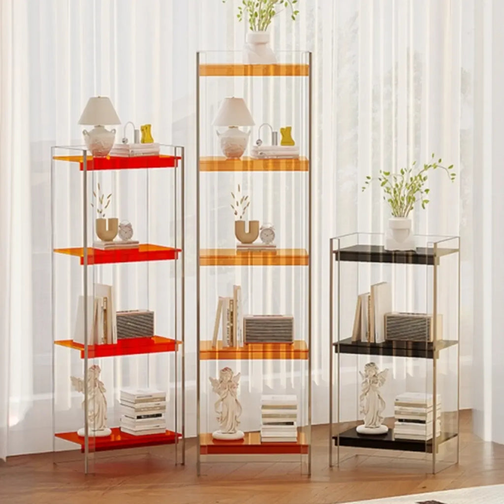 Bibliothèque verticale étroite à 4 niveaux en acrylique transparent, style minimaliste