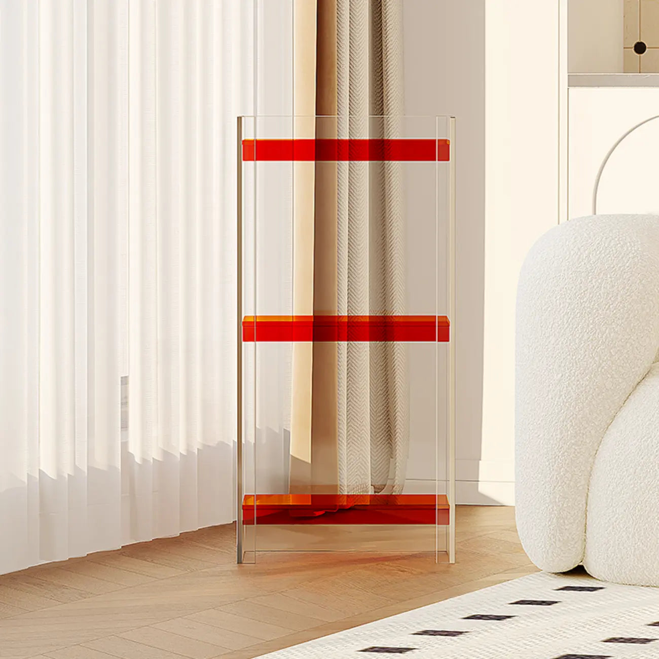 Bibliothèque verticale étroite à 4 niveaux en acrylique transparent, style minimaliste