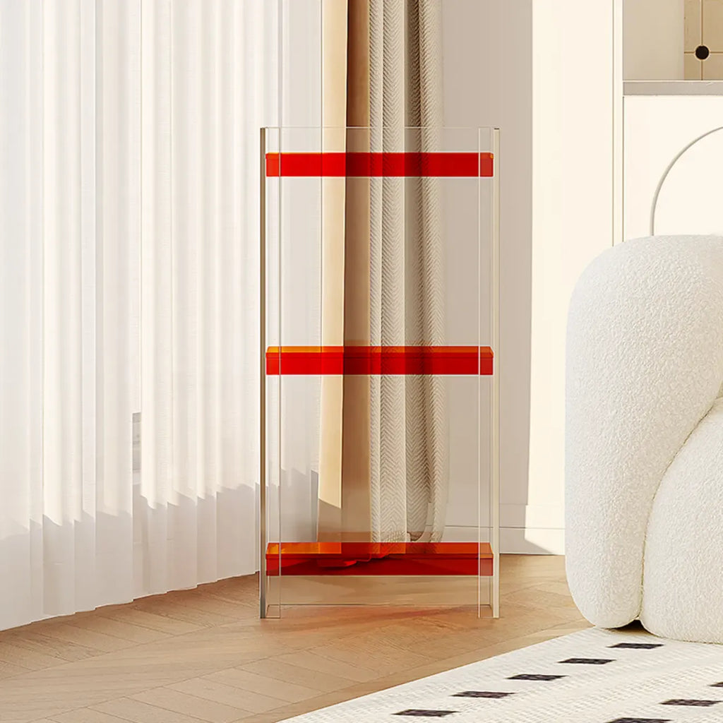 Bibliothèque verticale étroite à 4 niveaux en acrylique transparent, style minimaliste