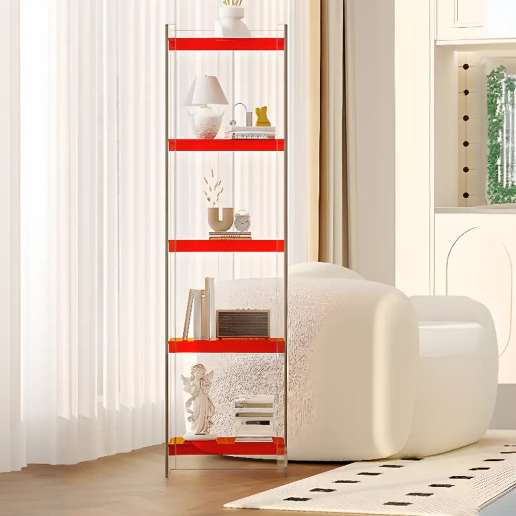 Bibliothèque verticale étroite à 4 niveaux en acrylique transparent, style minimaliste