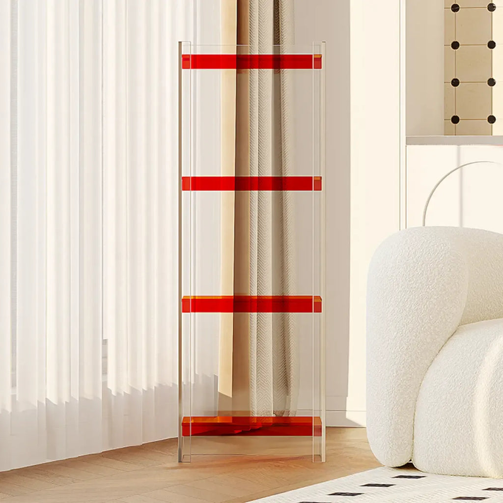 Bibliothèque verticale étroite à 4 niveaux en acrylique transparent, style minimaliste