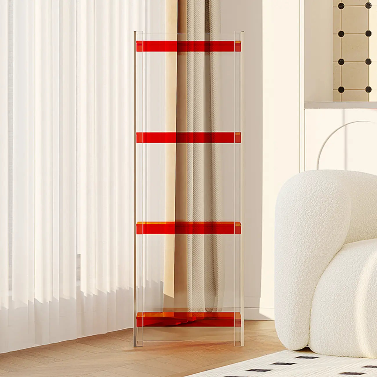 Bibliothèque verticale étroite à 4 niveaux en acrylique transparent, style minimaliste