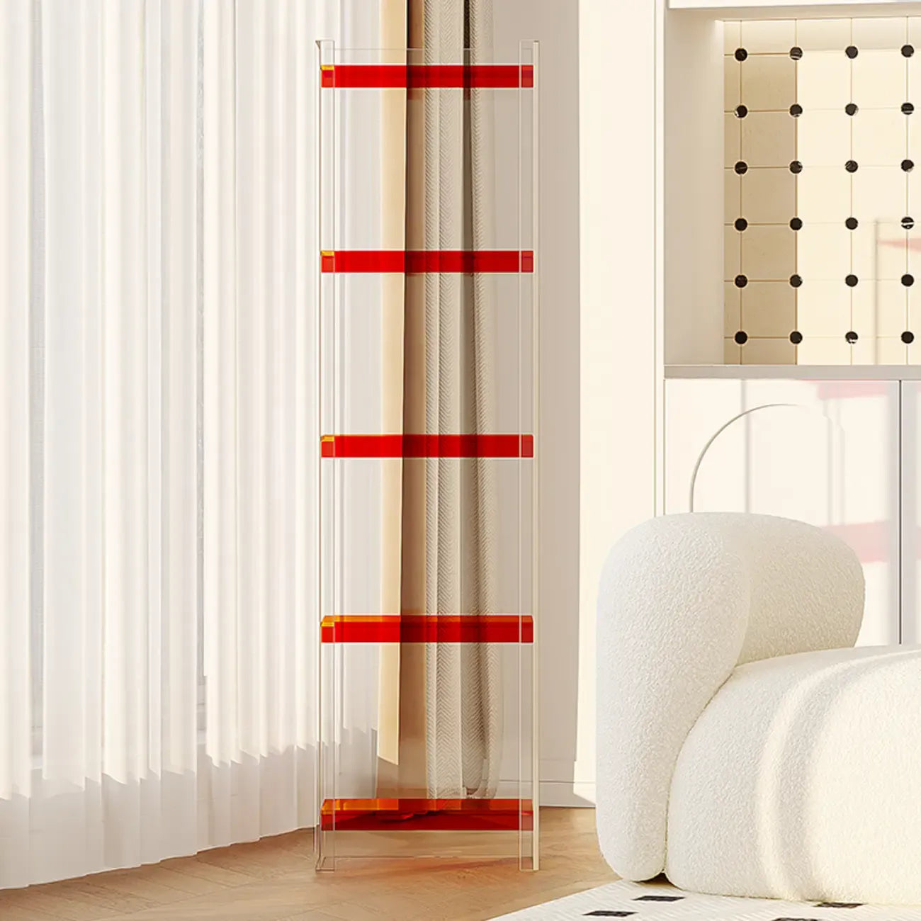 Bibliothèque verticale étroite à 4 niveaux en acrylique transparent, style minimaliste