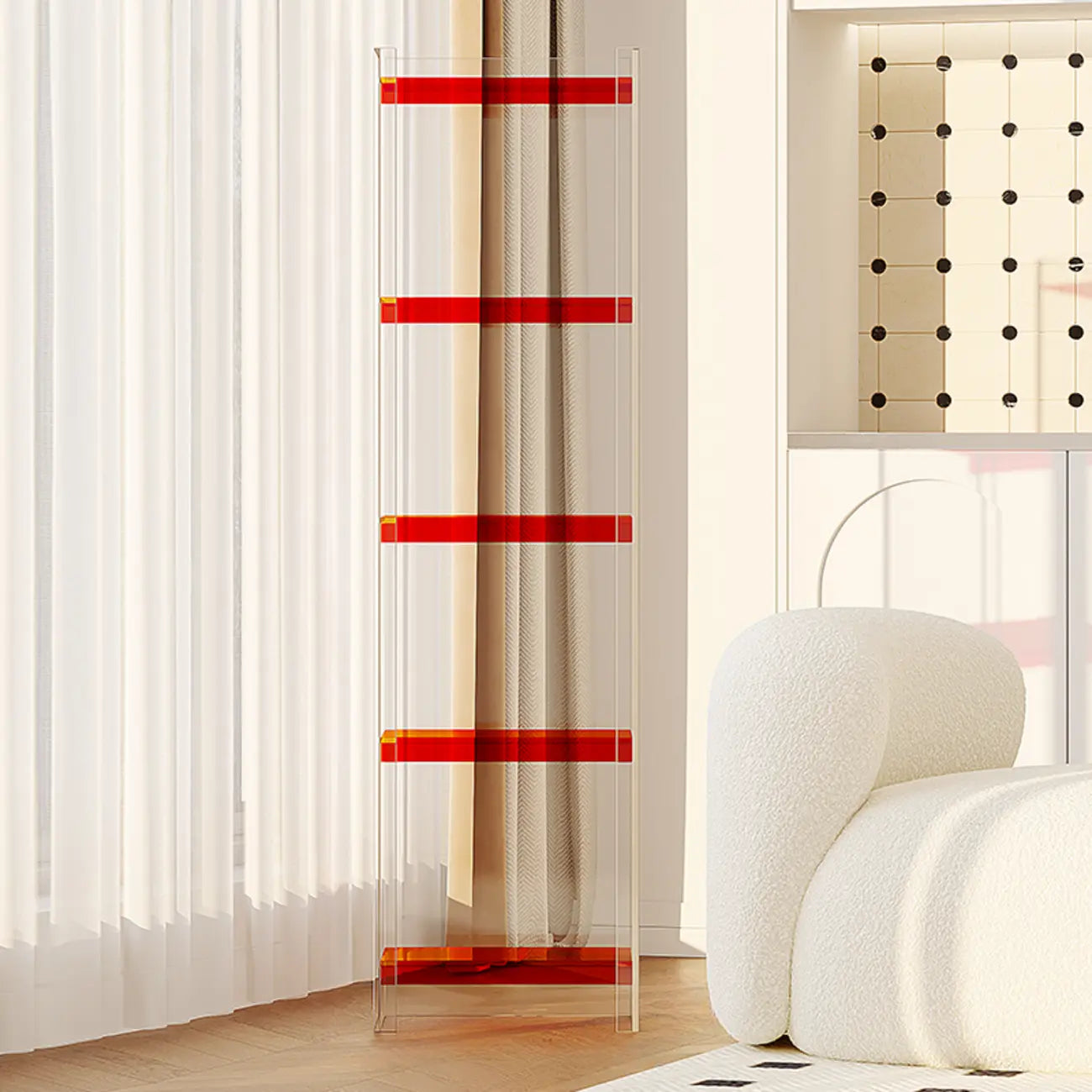 Bibliothèque verticale étroite à 4 niveaux en acrylique transparent, style minimaliste