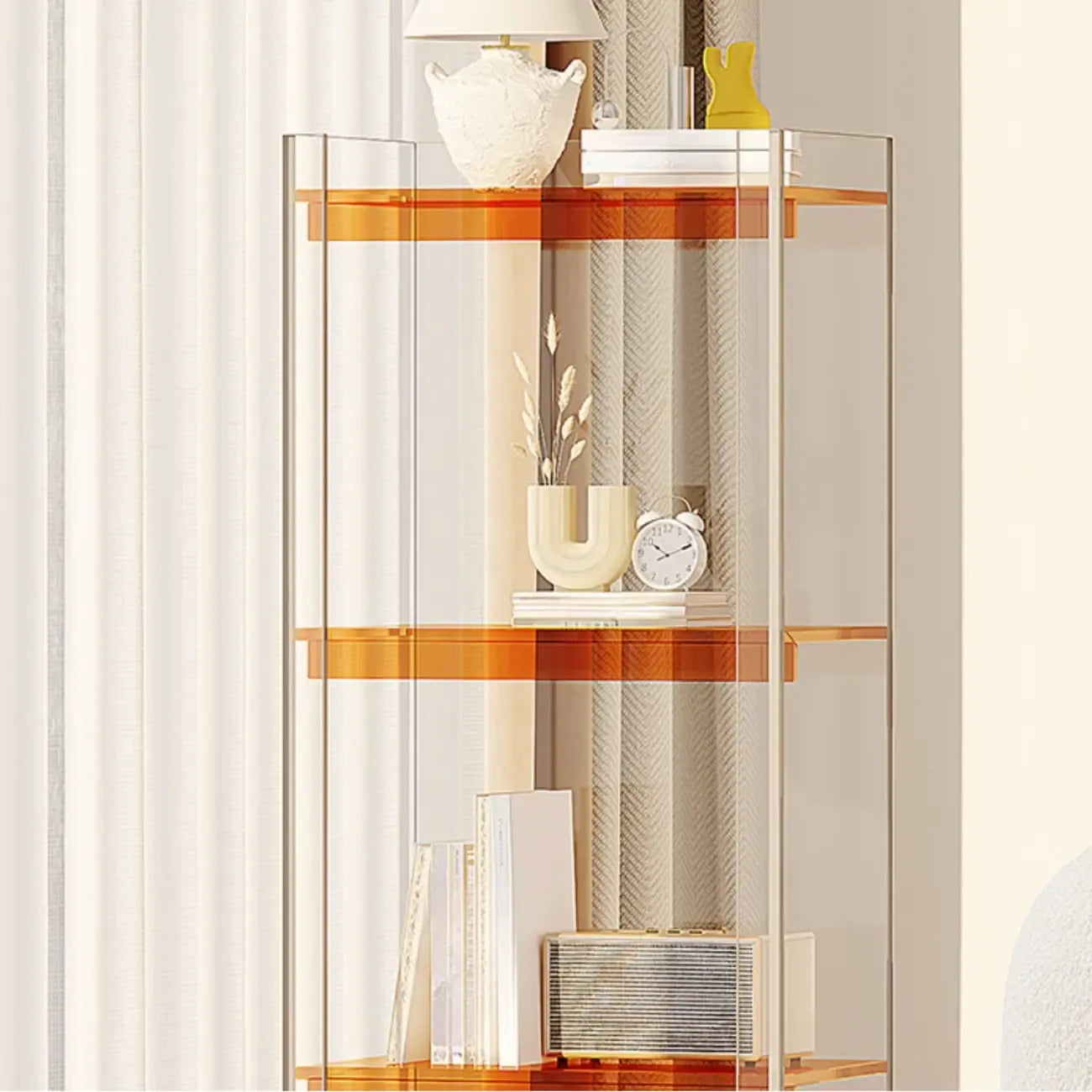 Bibliothèque verticale étroite à 4 niveaux en acrylique transparent, style minimaliste