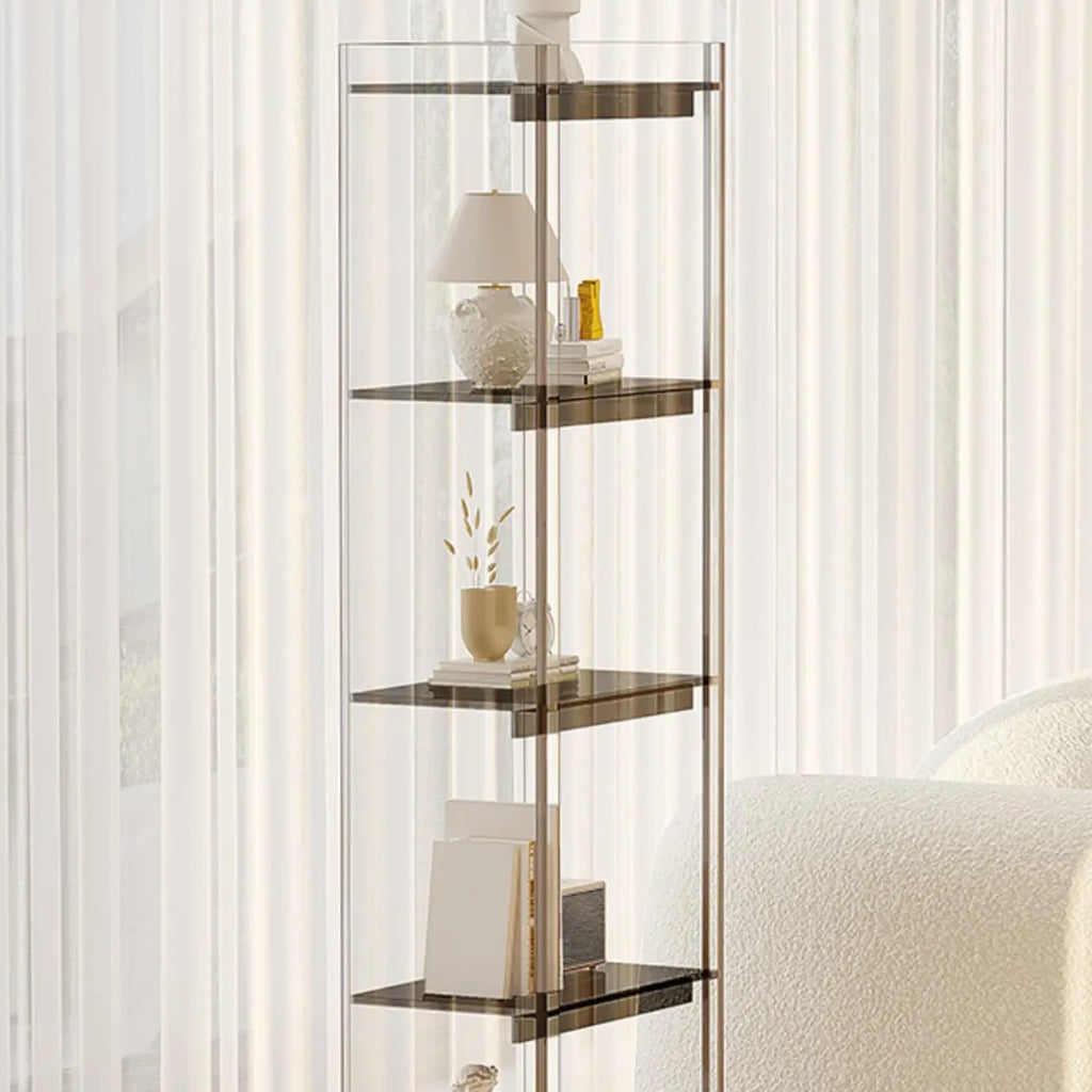 Bibliothèque verticale étroite à 4 niveaux en acrylique transparent, style minimaliste