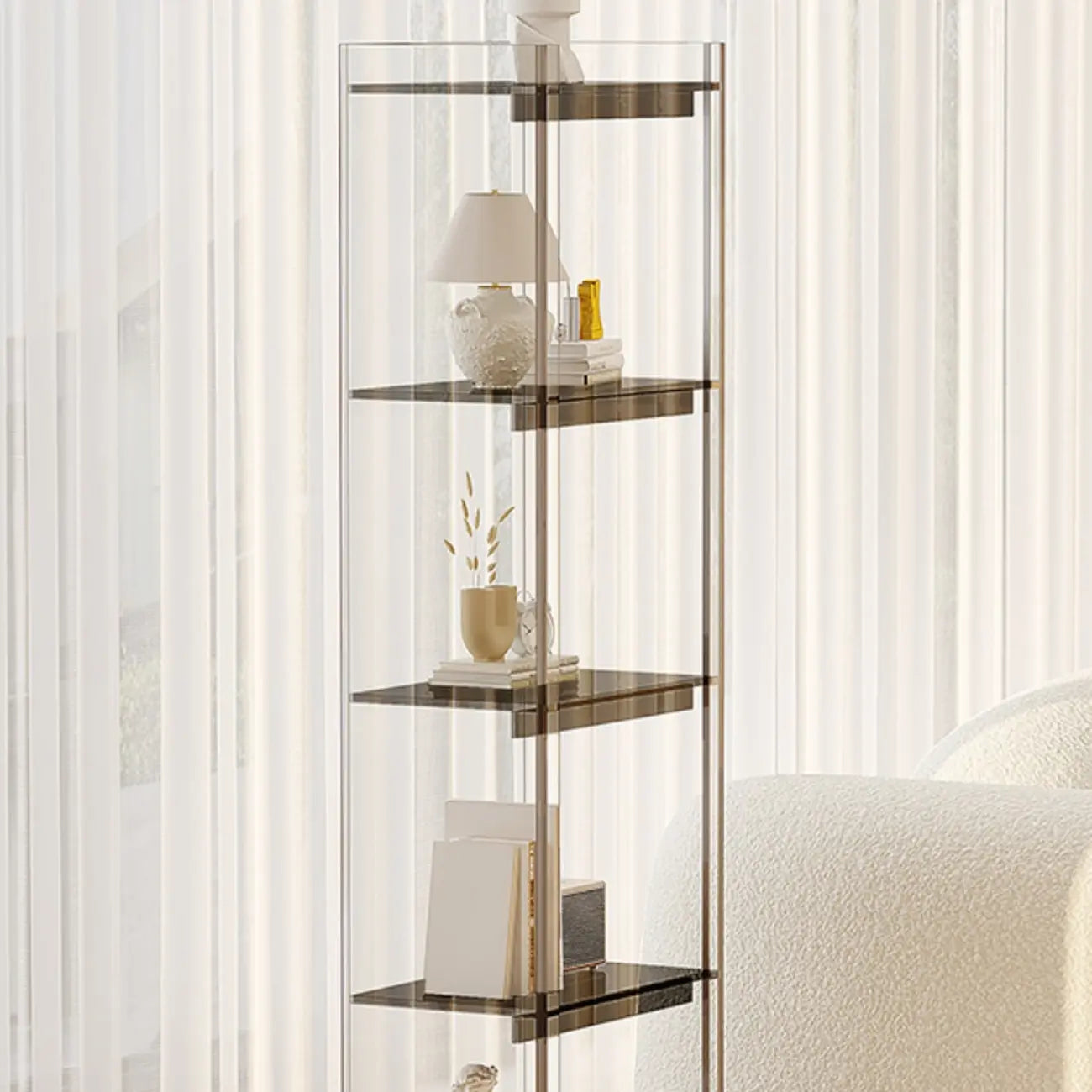 Bibliothèque verticale étroite à 4 niveaux en acrylique transparent, style minimaliste