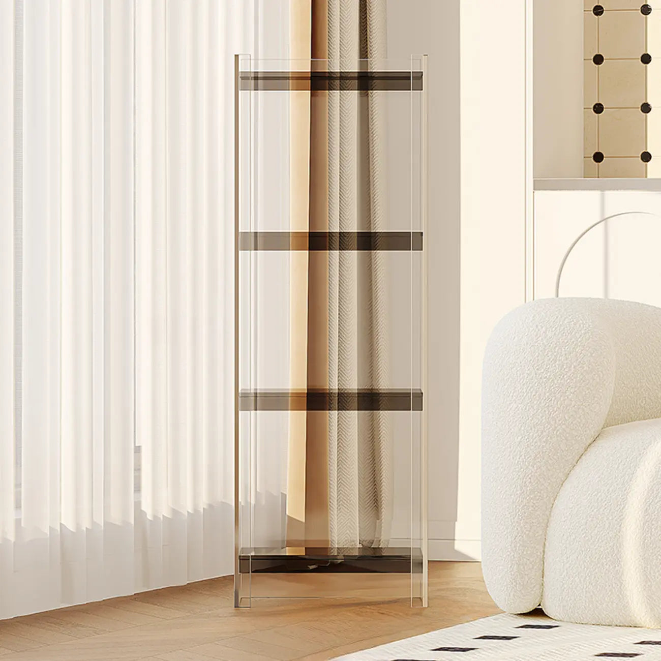 Bibliothèque verticale étroite à 4 niveaux en acrylique transparent, style minimaliste
