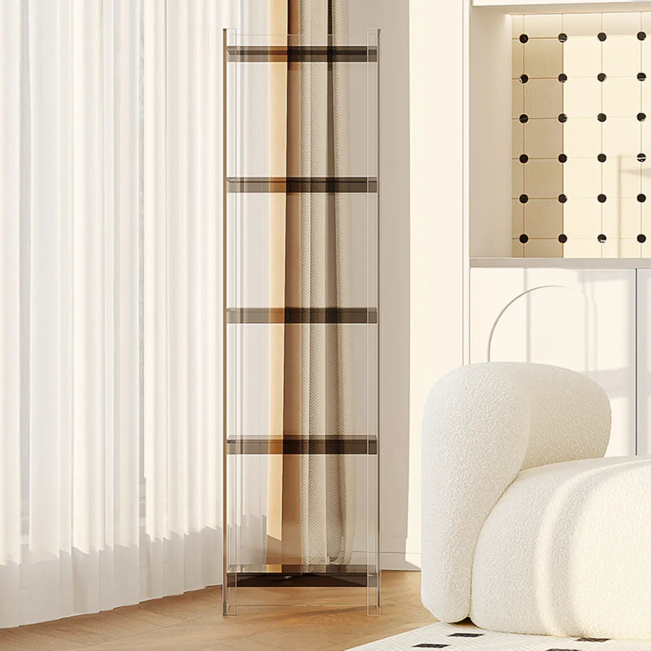 Bibliothèque verticale étroite à 4 niveaux en acrylique transparent, style minimaliste
