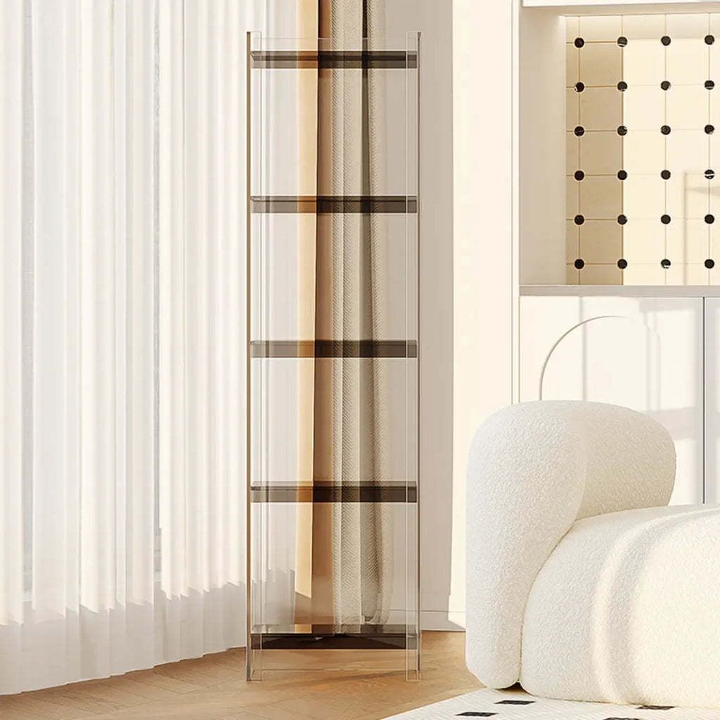 Bibliothèque verticale étroite à 4 niveaux en acrylique transparent, style minimaliste
