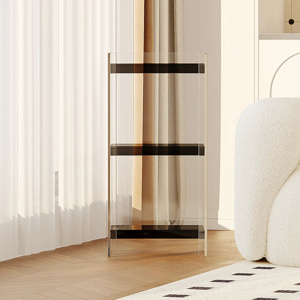 Bibliothèque verticale étroite à 4 niveaux en acrylique transparent, style minimaliste