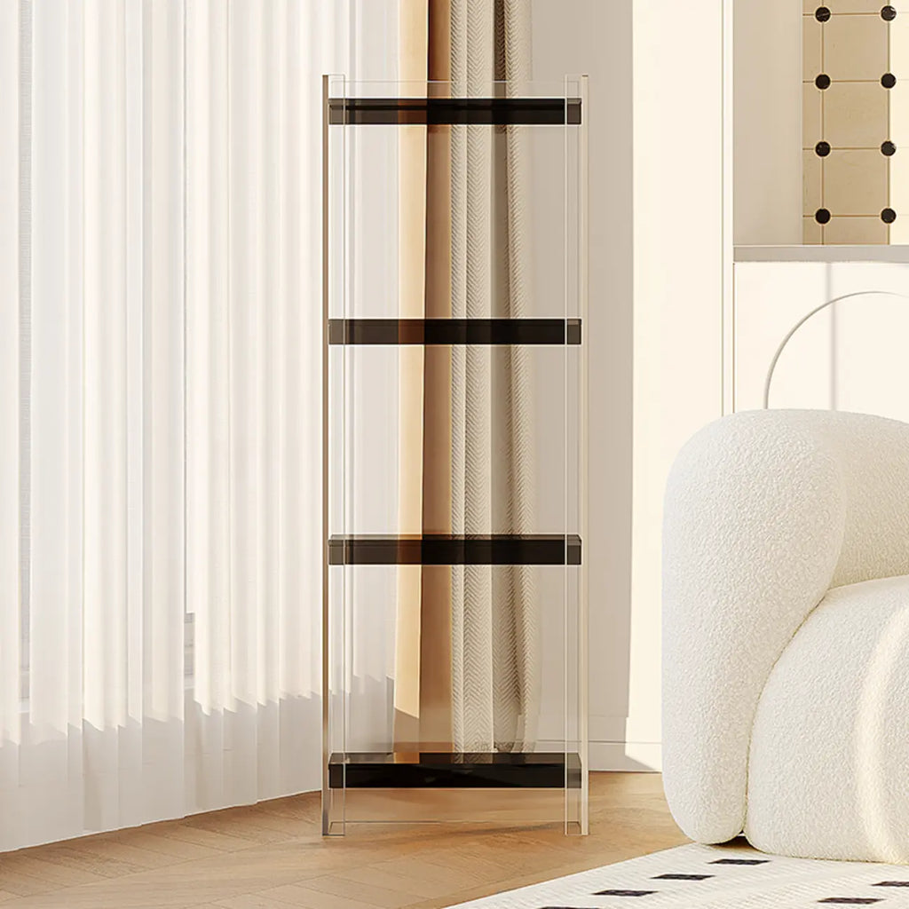 Bibliothèque verticale étroite à 4 niveaux en acrylique transparent, style minimaliste