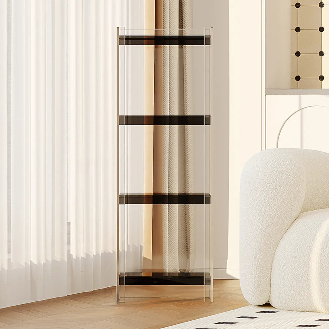 Bibliothèque verticale étroite à 4 niveaux en acrylique transparent, style minimaliste
