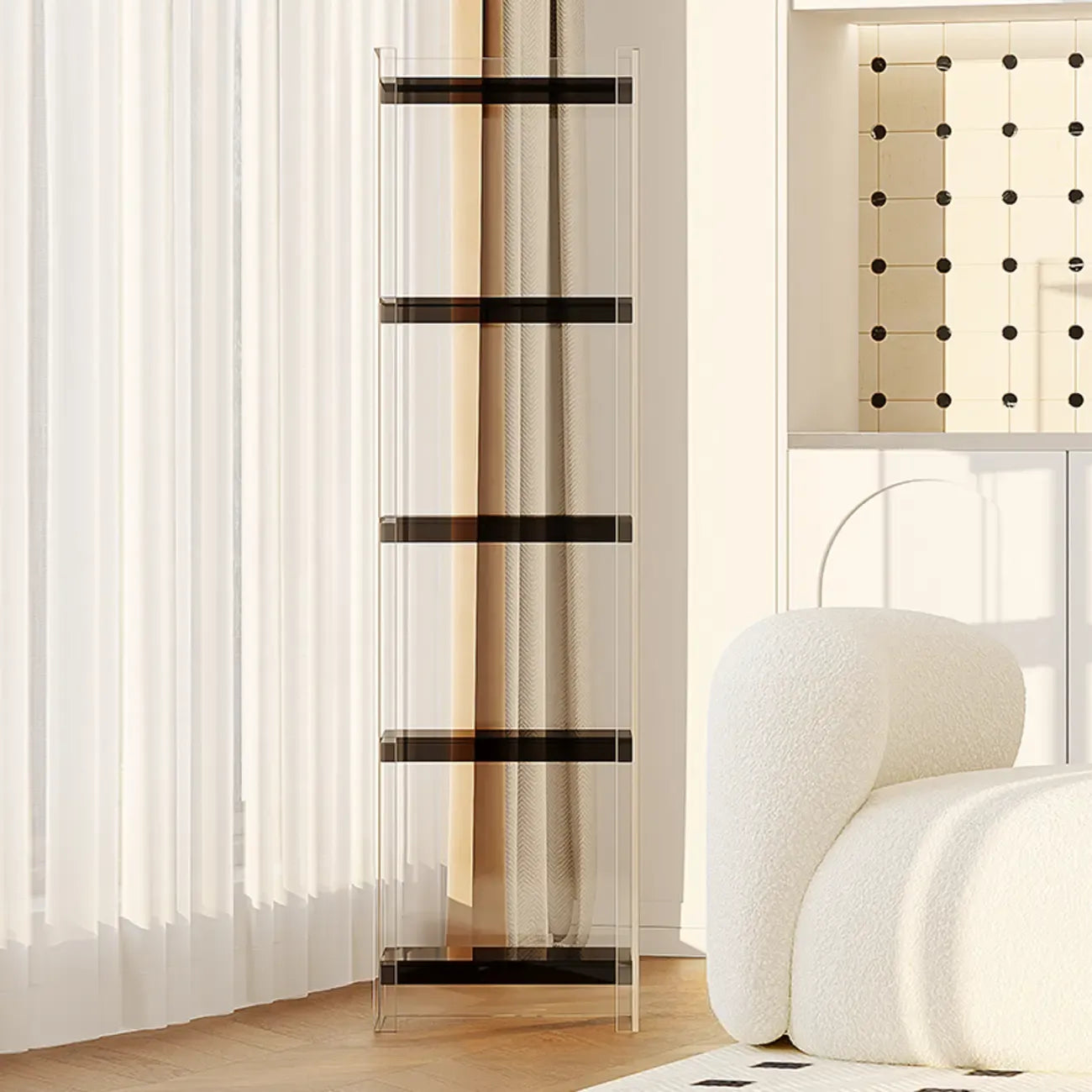 Bibliothèque verticale étroite à 4 niveaux en acrylique transparent, style minimaliste