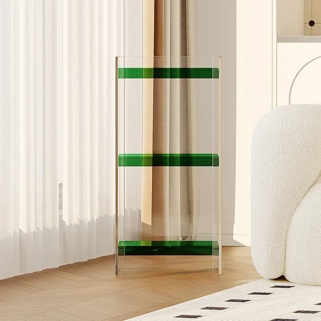 Bibliothèque verticale étroite à 4 niveaux en acrylique transparent, style minimaliste