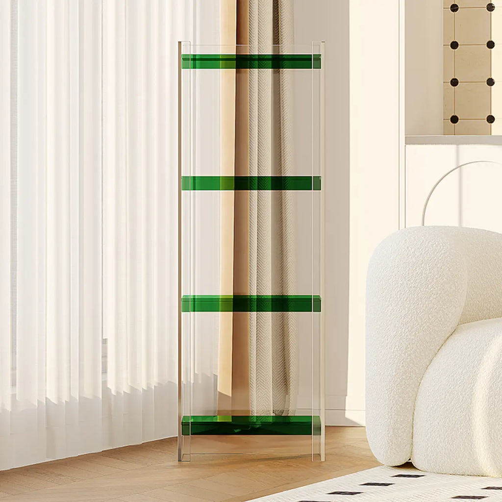 Bibliothèque verticale étroite à 4 niveaux en acrylique transparent, style minimaliste