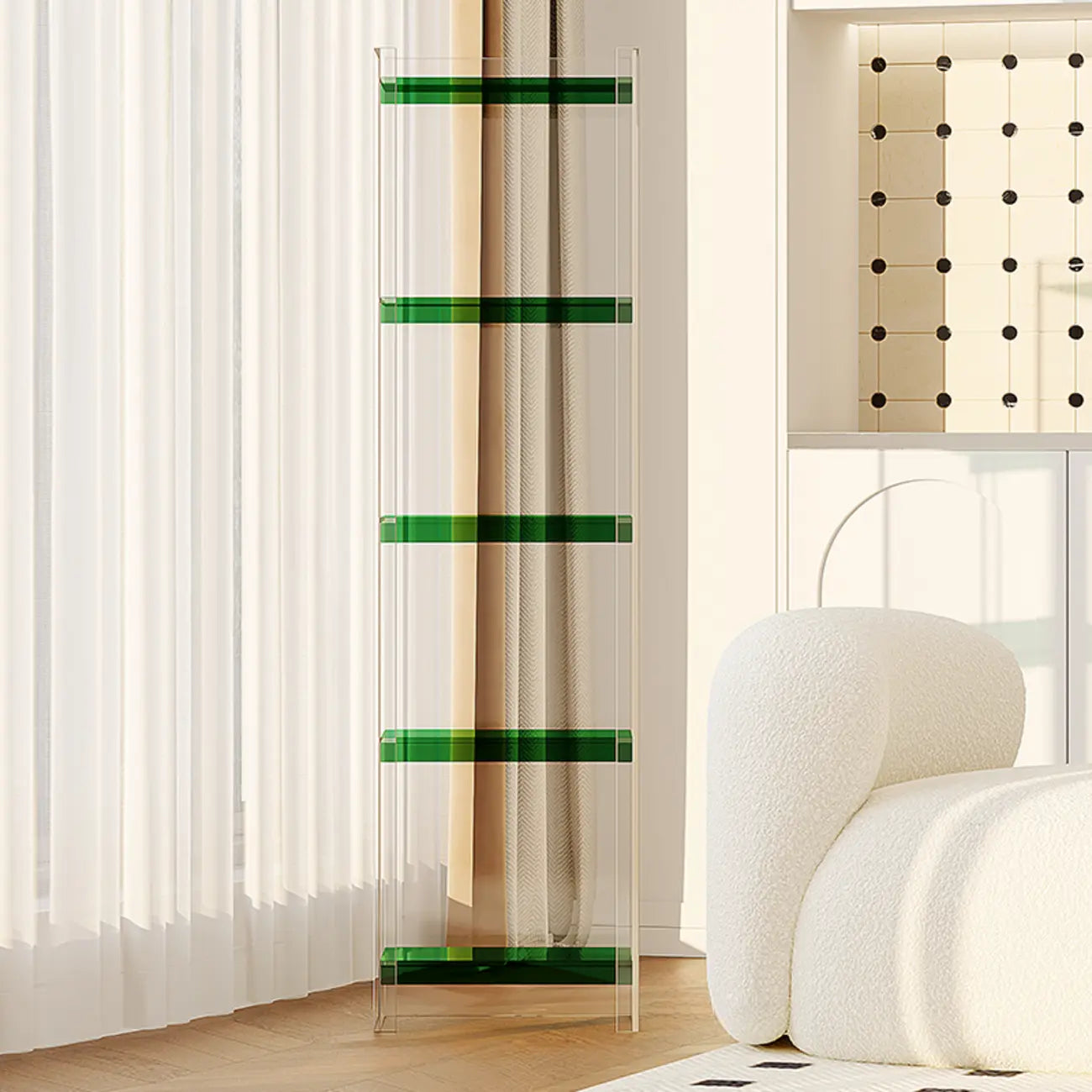 Bibliothèque verticale étroite à 4 niveaux en acrylique transparent, style minimaliste