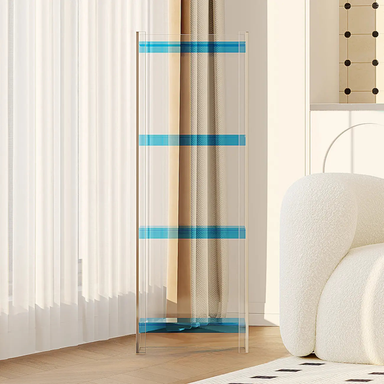 Bibliothèque verticale étroite à 4 niveaux en acrylique transparent, style minimaliste