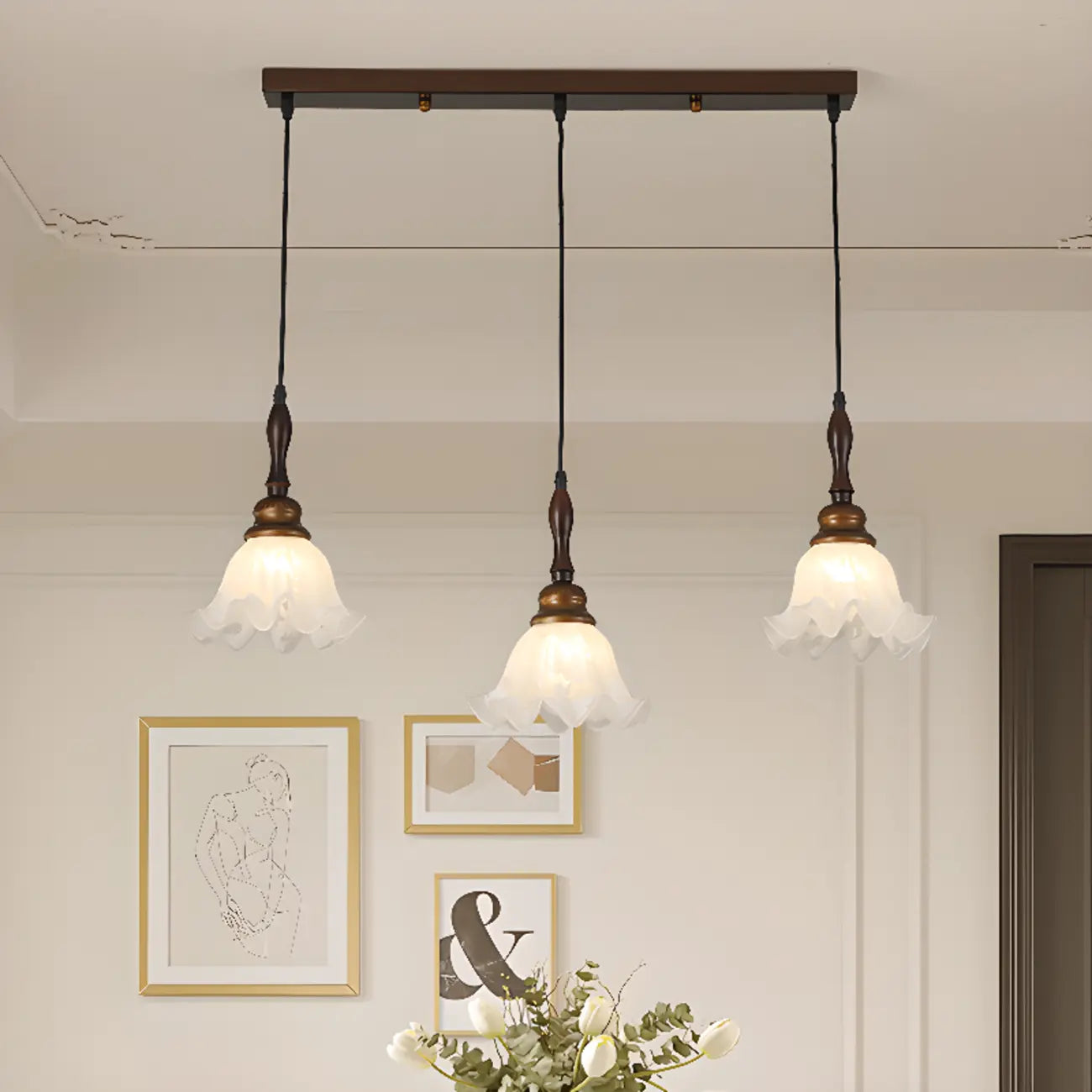 Suspension moderne à 3 lumières en verre en forme de fleur pour îlot de cuisine