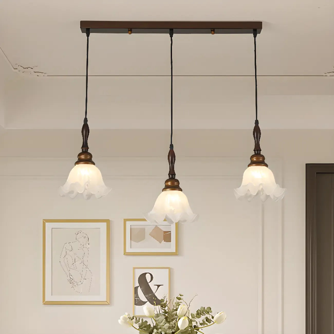 Suspension moderne à 3 lumières en verre en forme de fleur pour îlot de cuisine