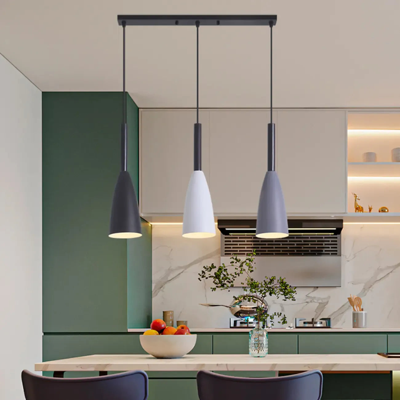 Lampada a sospensione da isola a 3 luci, in metallo a forma di cono, moderna, per cucina