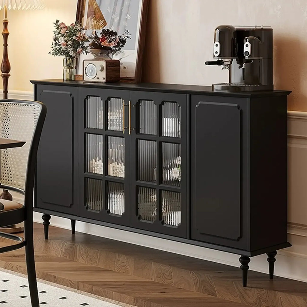 Meuble de rangement moderne en bois noir et verre cannelé pour salon