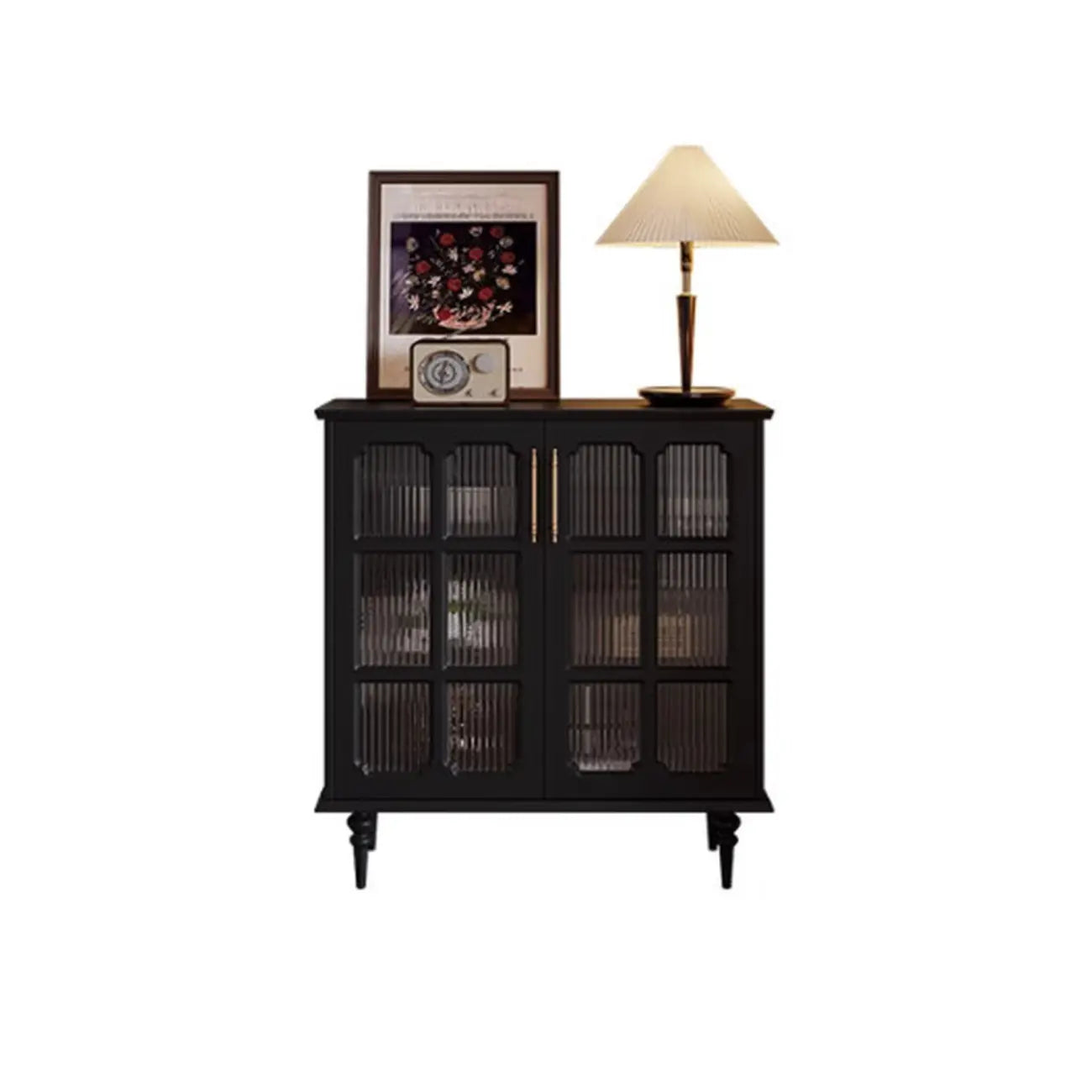 Meuble de rangement moderne en bois noir et verre cannelé pour salon