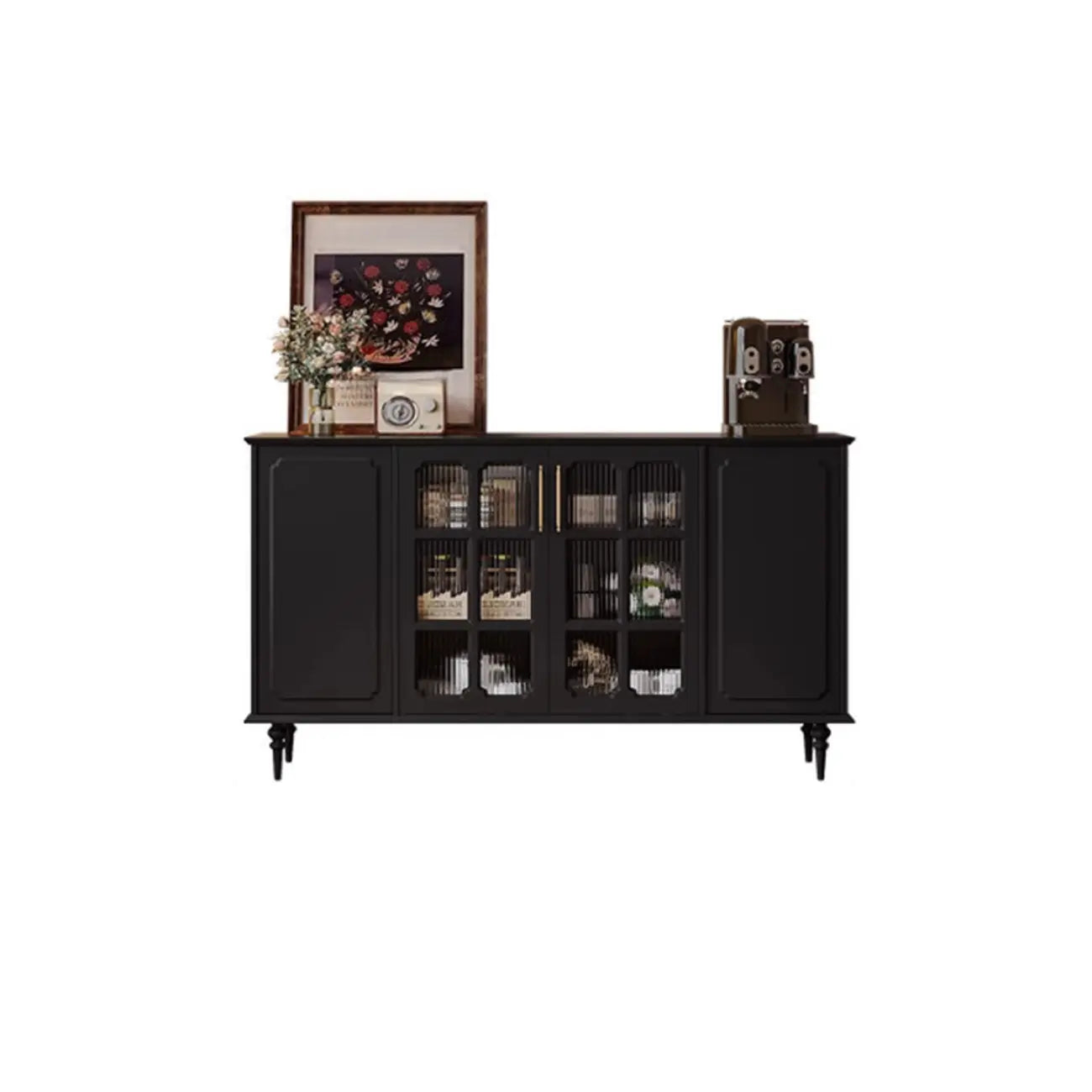 Meuble de rangement moderne en bois noir et verre cannelé pour salon