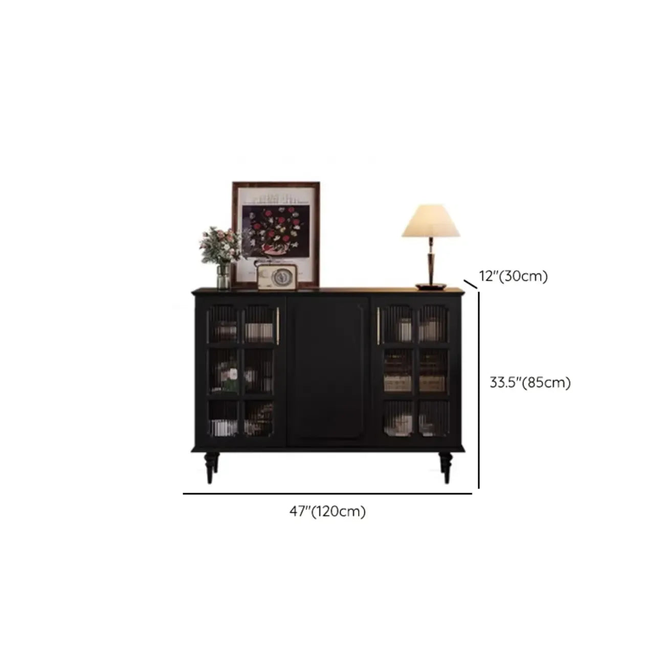 Meuble de rangement moderne en bois noir et verre cannelé pour salon