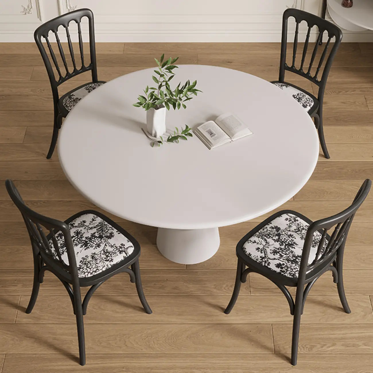 Table de salle à manger ronde en bois blanc à pied central, style décontracté