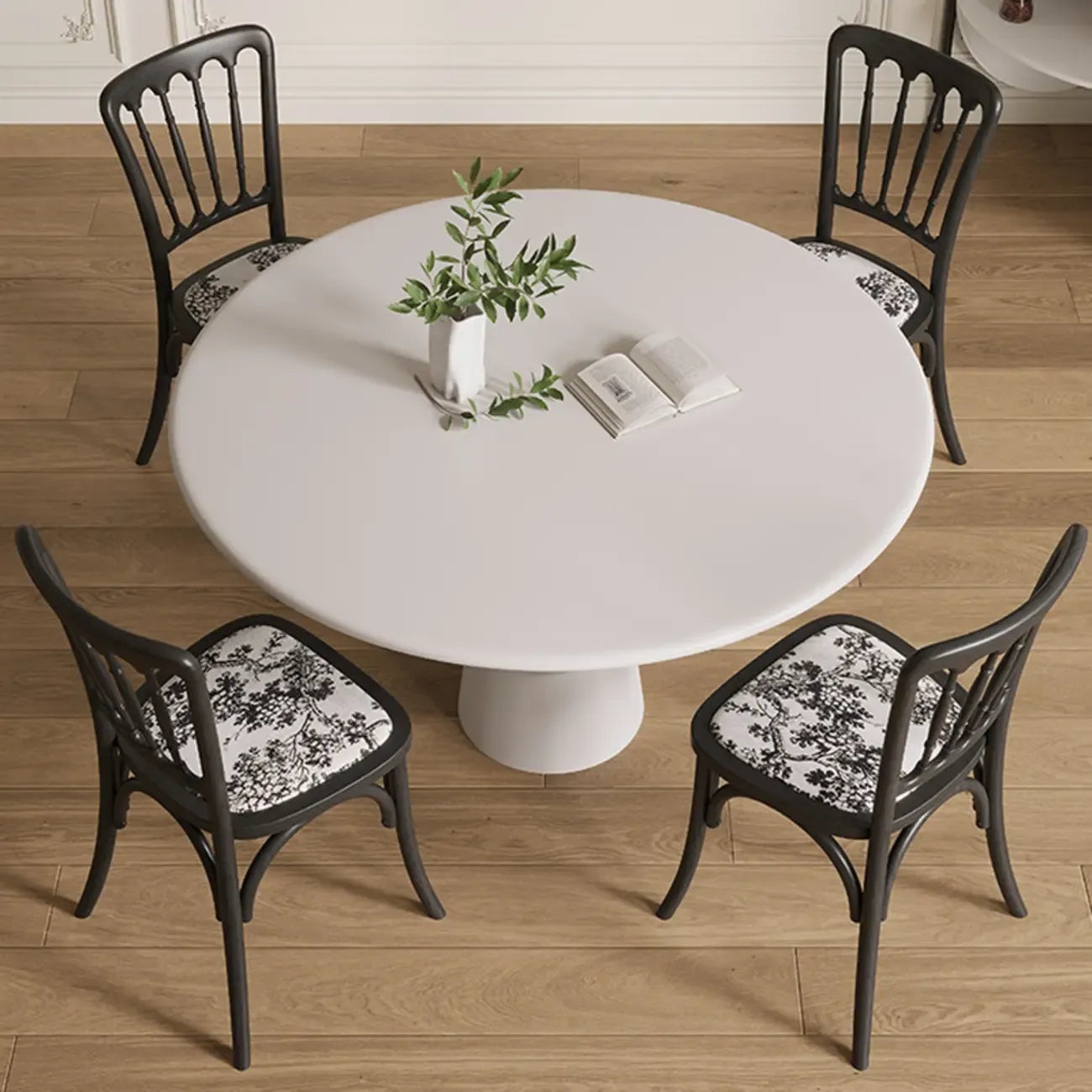 Table de salle à manger ronde en bois blanc à pied central, style décontracté