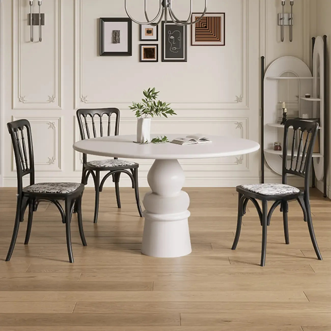 Table de salle à manger ronde en bois blanc à pied central, style décontracté