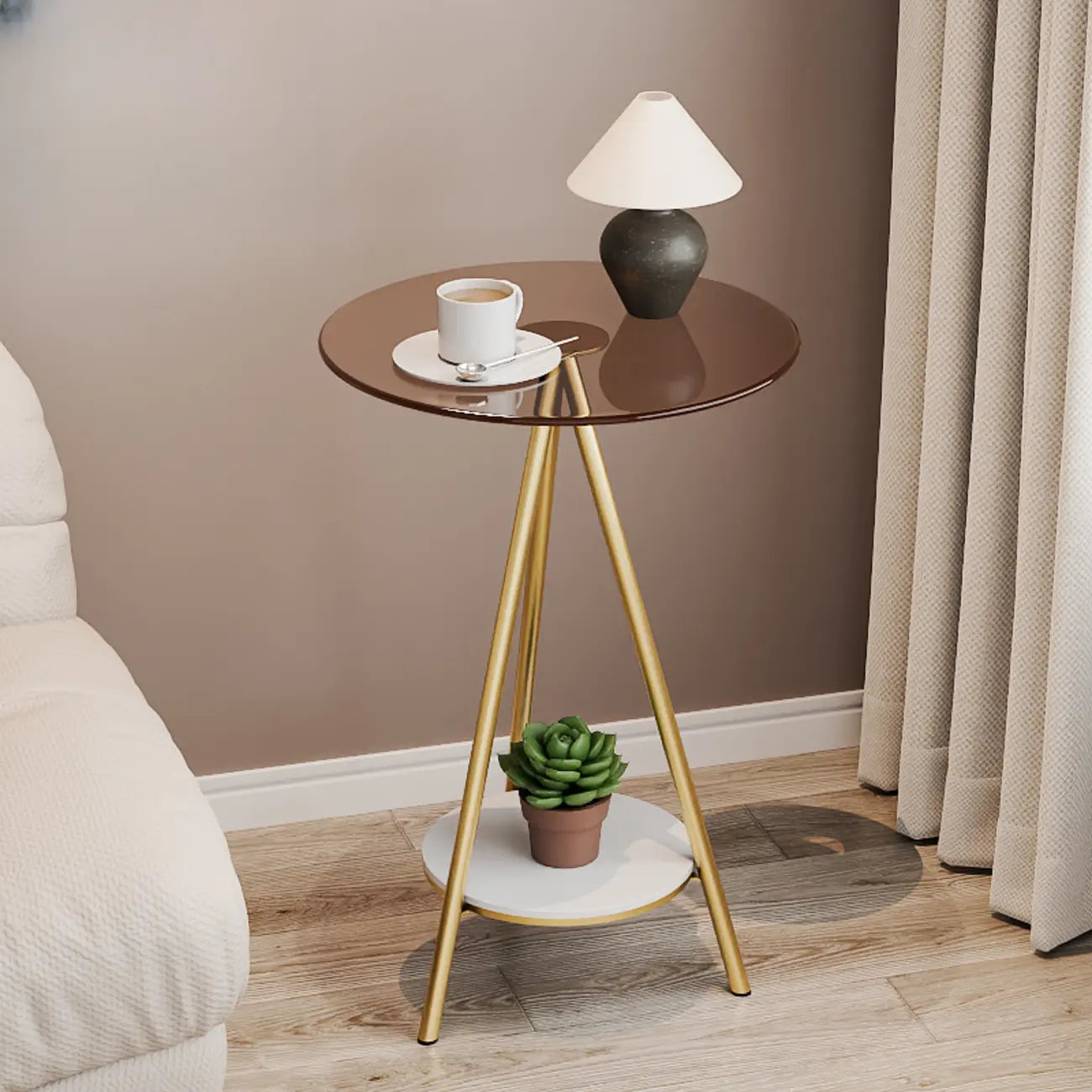 Table d'appoint ronde glamour en verre avec pieds en métal