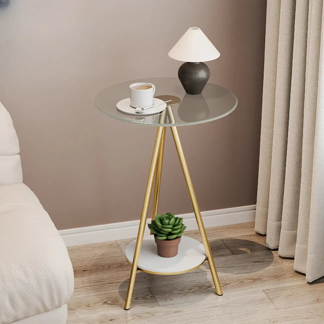 Table d'appoint ronde glamour en verre avec pieds en métal