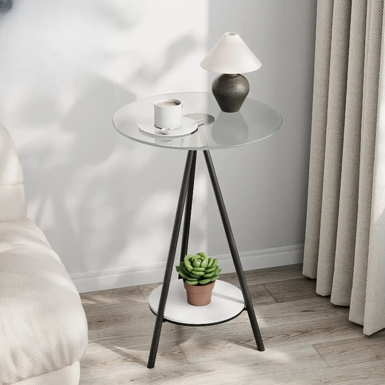 Table d'appoint ronde glamour en verre avec pieds en métal