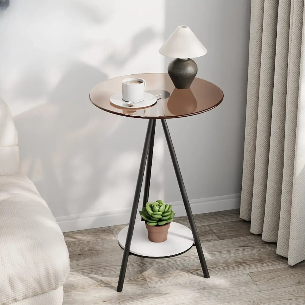 Table d'appoint ronde glamour en verre avec pieds en métal