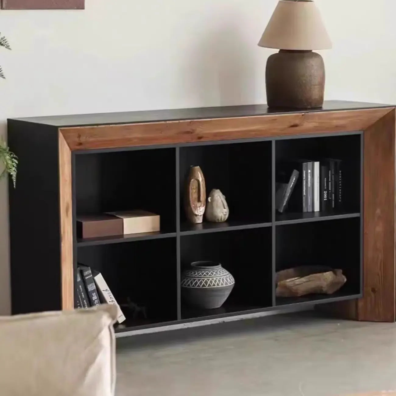 Vitrine de rangement ouverte moderne en pin noir et brun