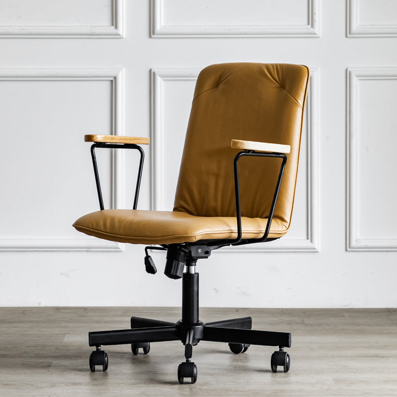 Élégant fauteuil de bureau pivotant en métal et cuir gris avec roulettes