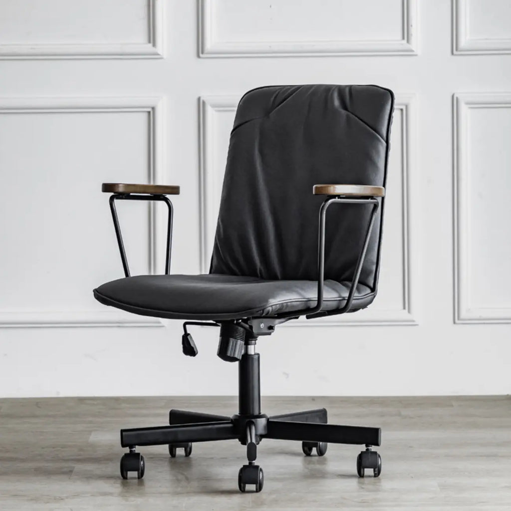 Élégant fauteuil de bureau pivotant en métal et cuir gris avec roulettes