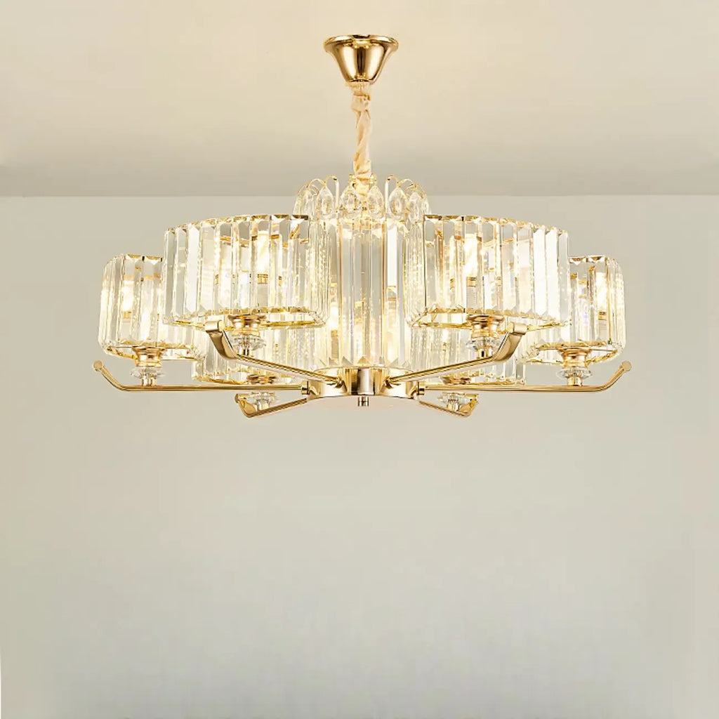 Lustre rond en cristal avec anneau doré glamour