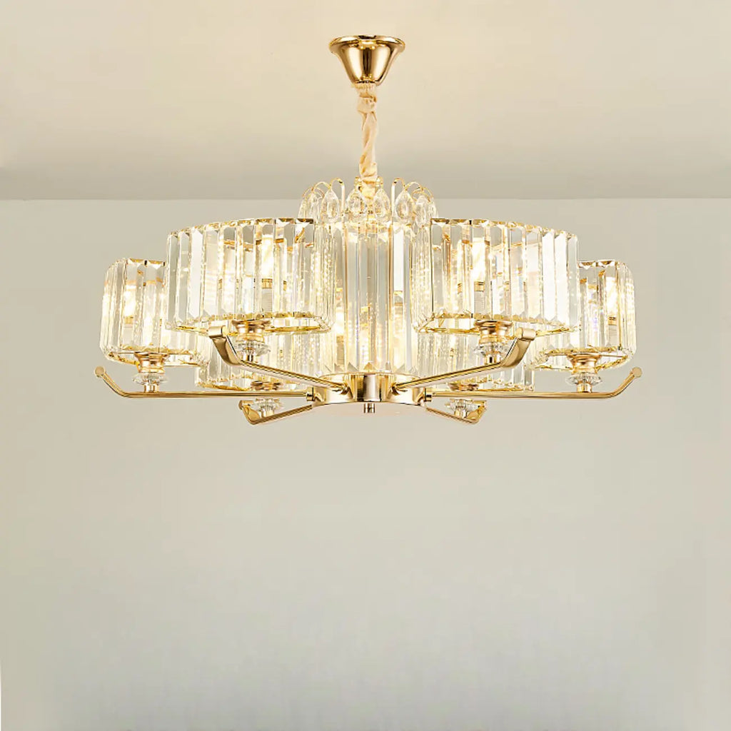 Lustre rond en cristal avec anneau doré glamour