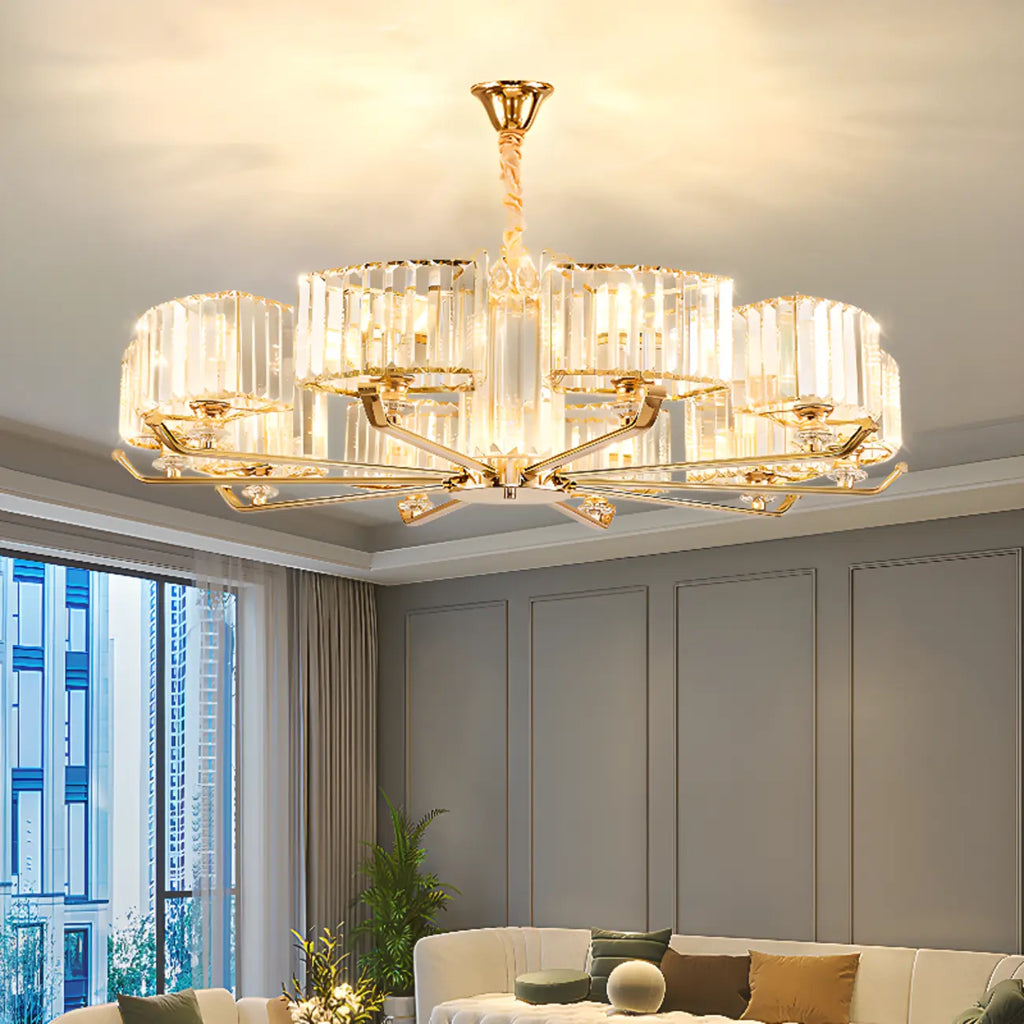Lustre rond en cristal avec anneau doré glamour