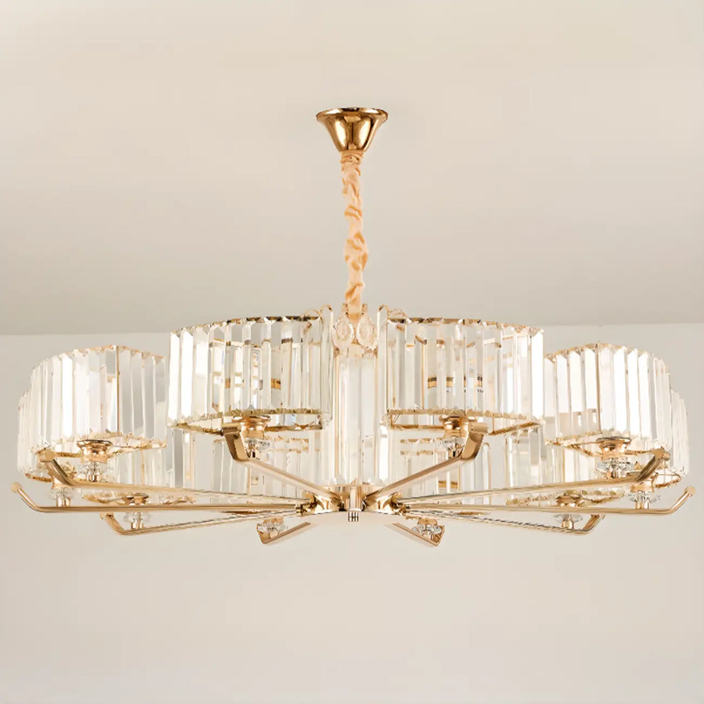 Lustre rond en cristal avec anneau doré glamour