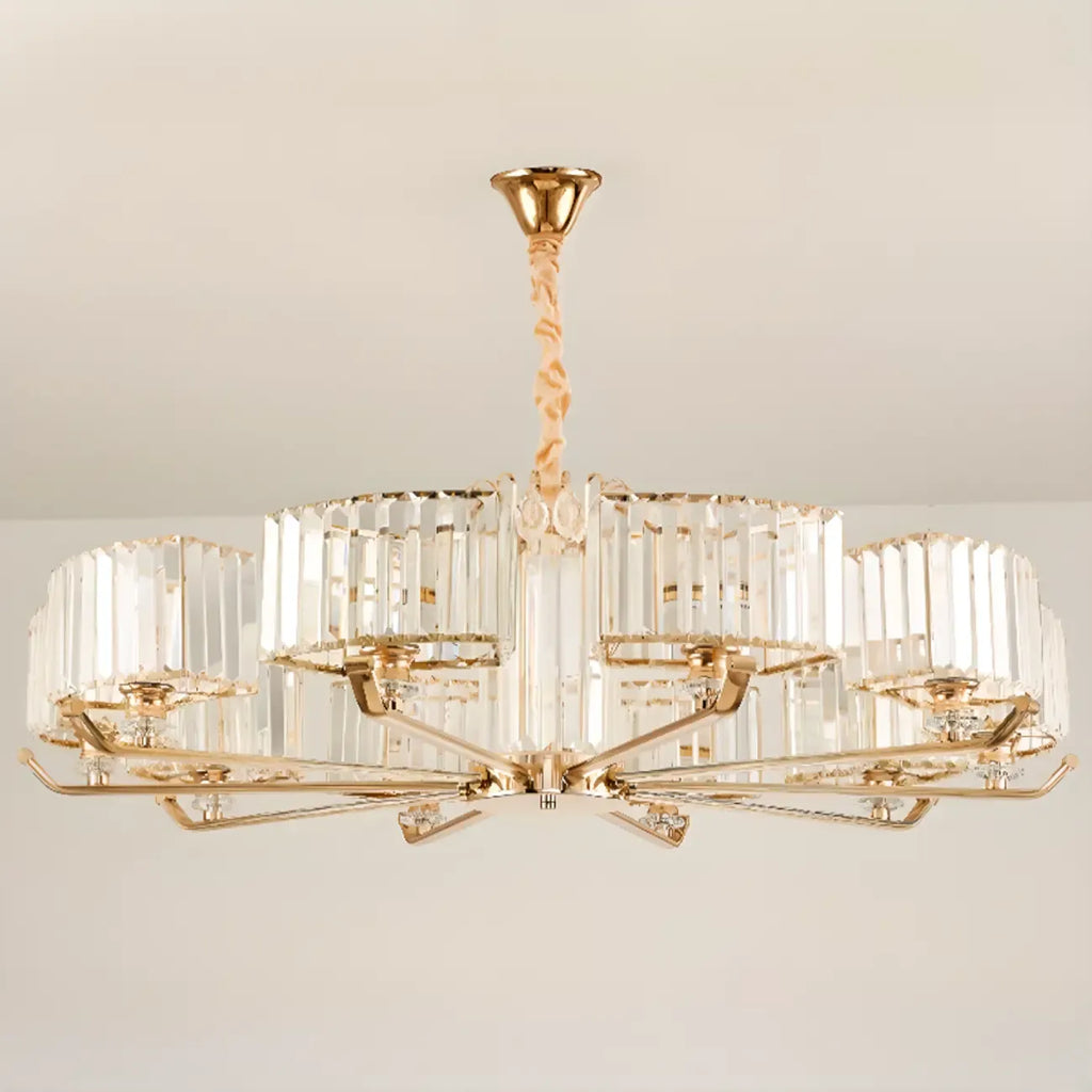 Lustre rond en cristal avec anneau doré glamour