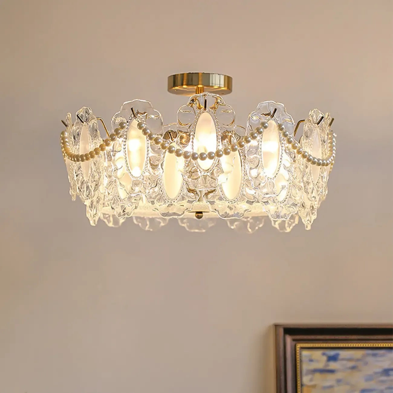 Plafonnier semi-encastré doré élégant en forme de tambour en verre