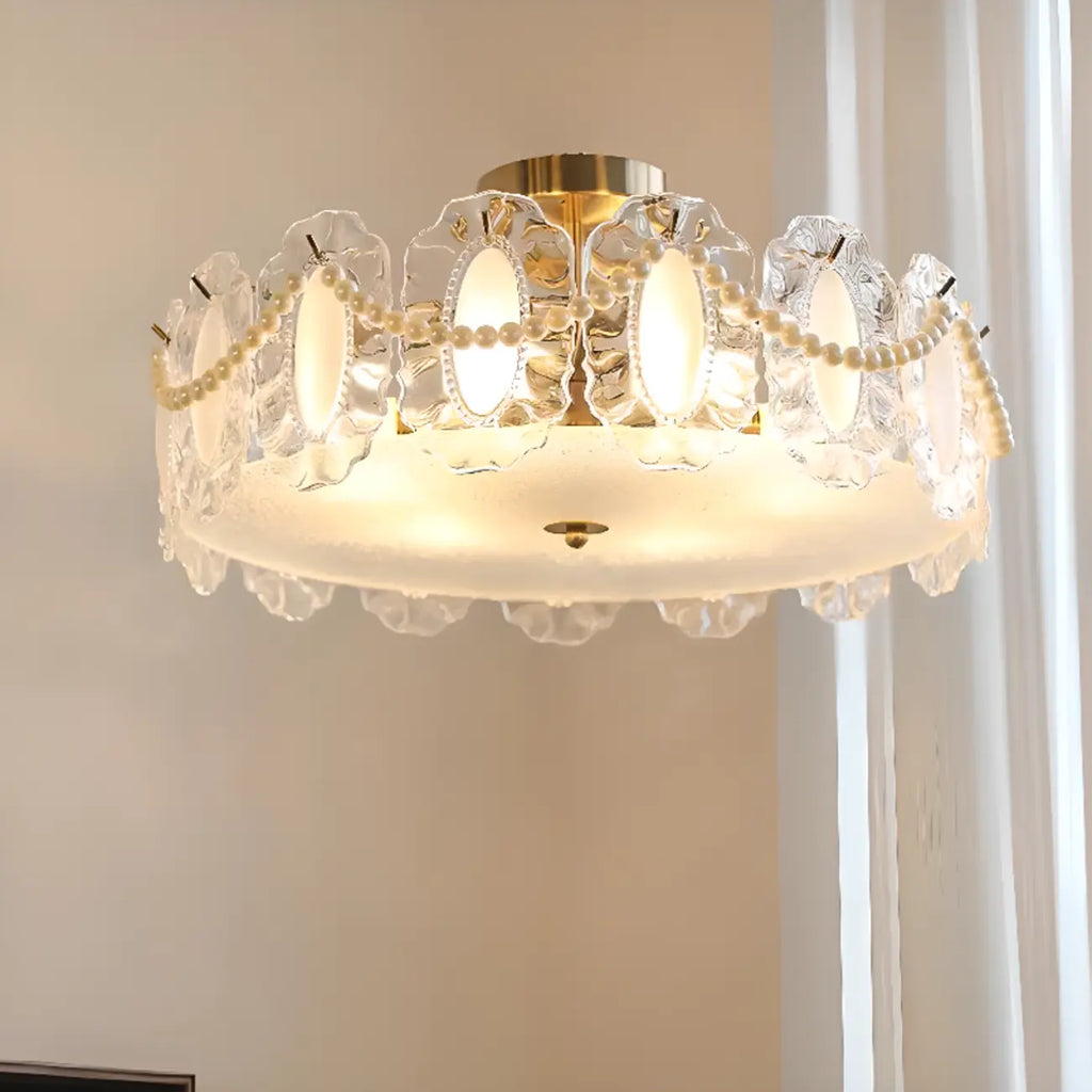 Plafonnier semi-encastré doré élégant en forme de tambour en verre