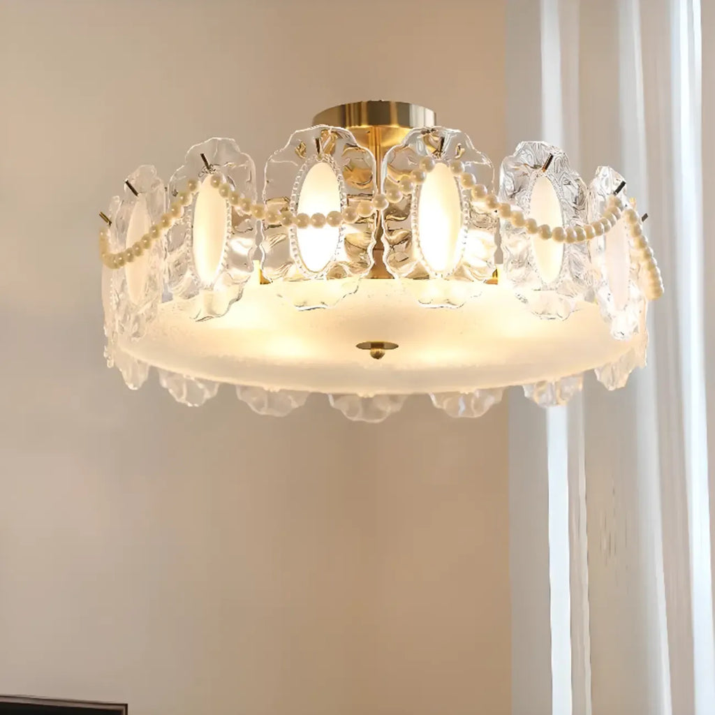 Plafonnier semi-encastré doré élégant en forme de tambour en verre