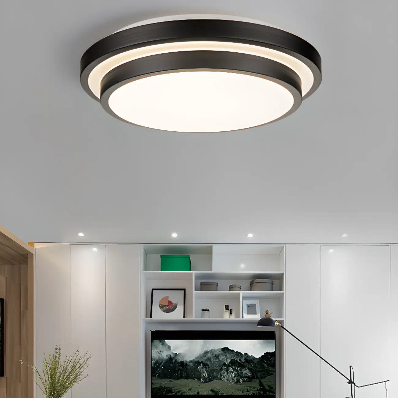 Plafonnier encastré rond industriel noir à LED blanc chaud