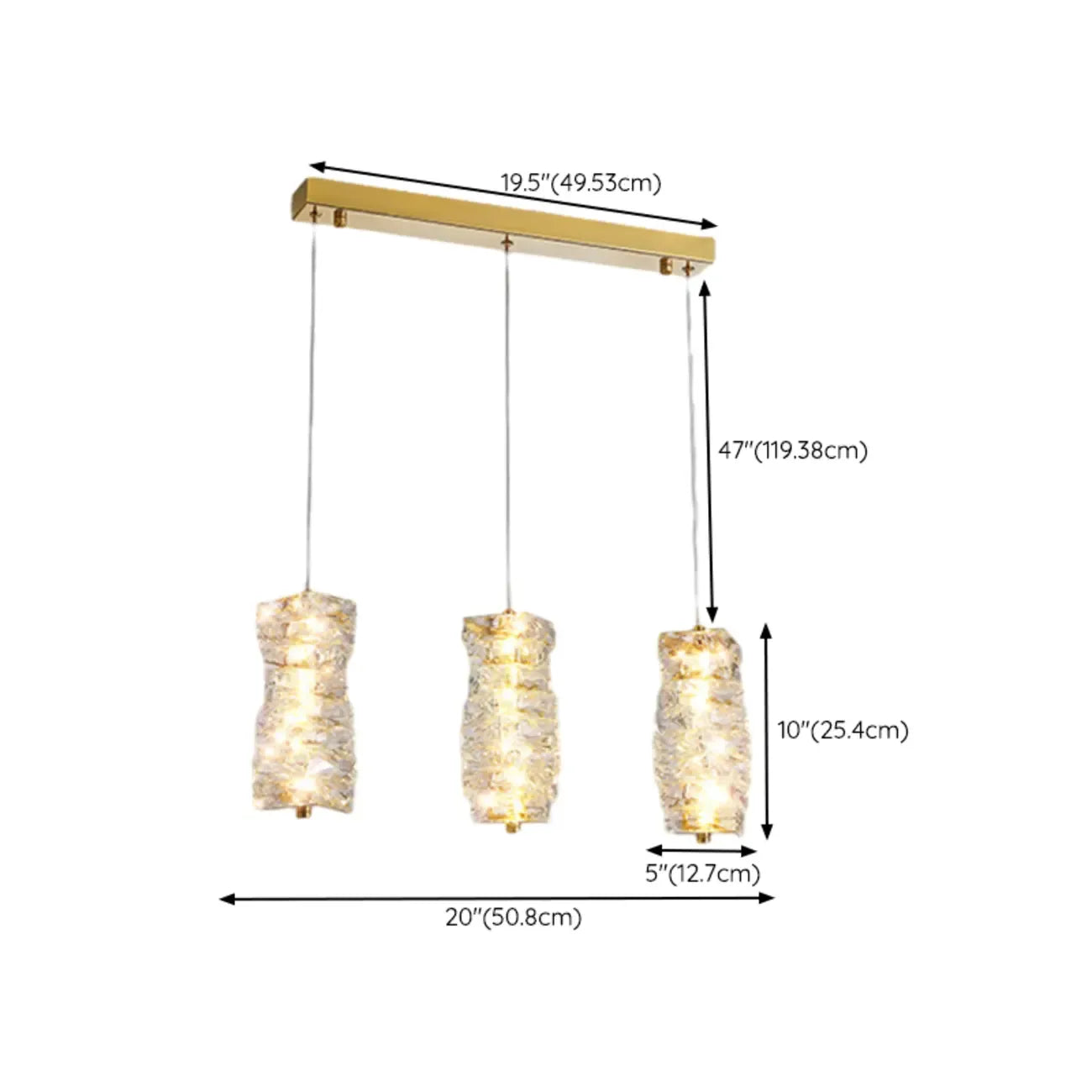 Suspension cylindrique en cristal pour îlot de cuisine, éclairage LED à intensité variable.
