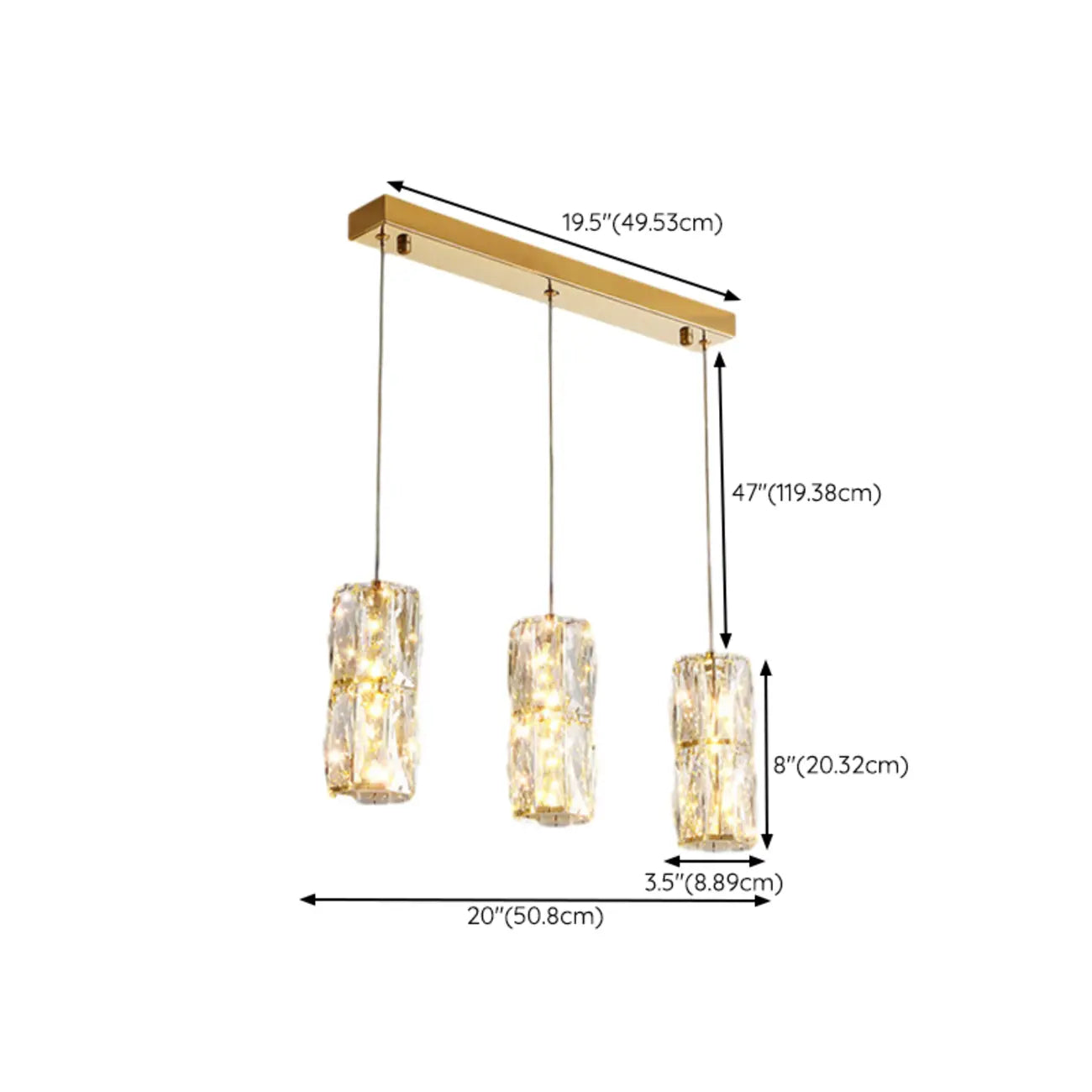 Suspension cylindrique en cristal pour îlot de cuisine, éclairage LED à intensité variable.